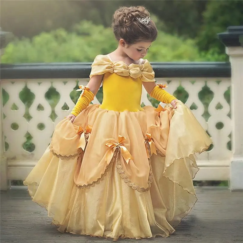 Новинка; платье принцессы Белль для девочек; карнавальный костюм; одежда для дня рождения; детское длинное платье на Хэллоуин; Костюм Золушки Софии
