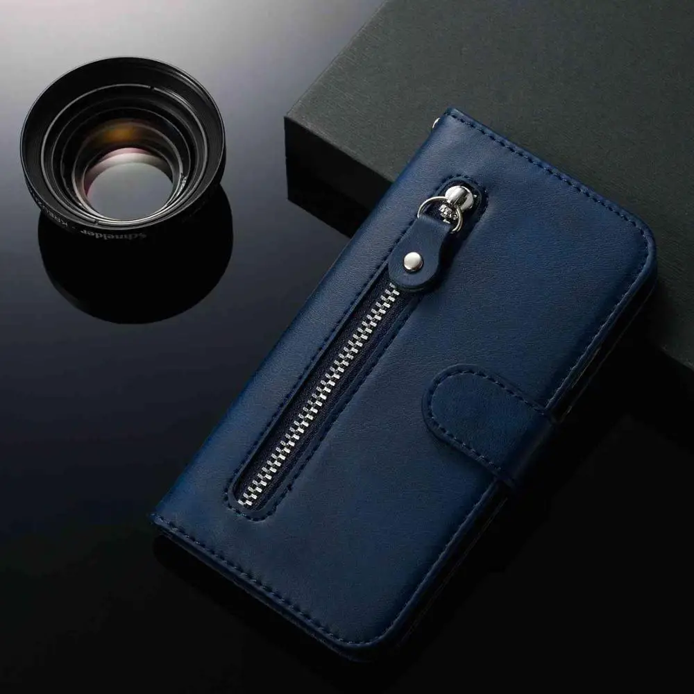 Кожаный чехол на молнии для Xiaomi redmi note 7/7 Pro роскошный, с отделением для карт держатель силиконовый чехол redmi note 7 флип-чехол - Цвет: Синий