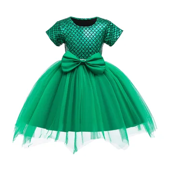

Little Mermaid Scale Girls Princess dress Tulle Big Bow short sleeve Ariel Costume tutu Kids dresses for girls princess dresses