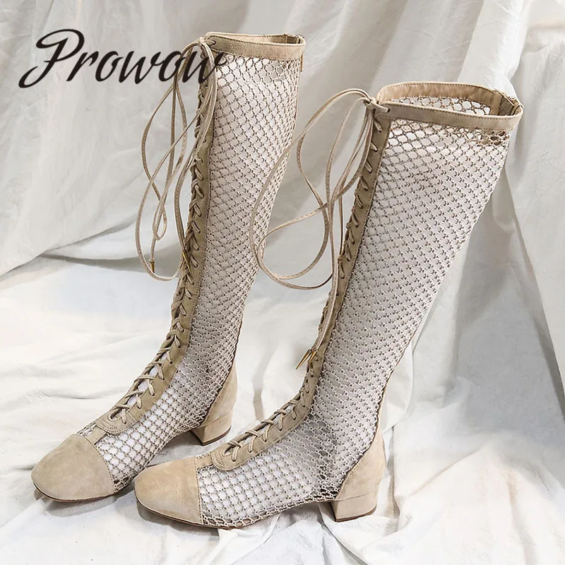 

Prowow New Black Beige Air Mesh Gladiator Lace Up Autumn Boots Square Toe thick Heel Low Heel Knee HIgh Boots Shoes Women