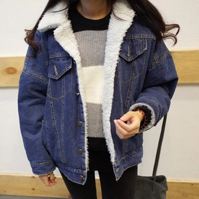 

Autumn And Winter New Style Brushed And Thick Jeans Coat Women's Loose And Plus-sized Lambs Wool Cotton Overcoat Students BF Fas