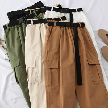 

pocket cargo women pants solid high waist belt solid loose lady elegant long pants female pants top quality