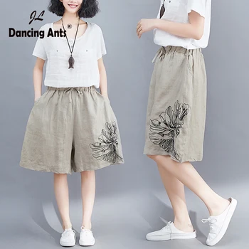

Woman Plus-Size Pants Elastic High Waist Straight Knee-length Pants Vintage Embroidery Drawstring Loose Casual Female Trousers