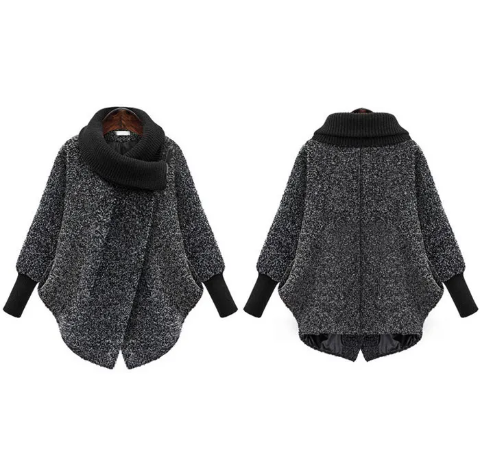 Plus Size Bat Sleeved Woolen Coat Scarf Collar Jackets Women Winter Fashion Outerwear Thicker Loose Coat Zipper Casual