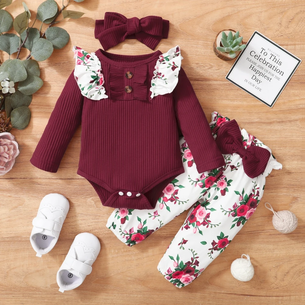 Baywell Autumn Newborn Baby Girl 3PCS/Set Clothing Set Ruffled Sleeve Romper Top+Floral Print Pants+Headband Infant Clothes - Image 3