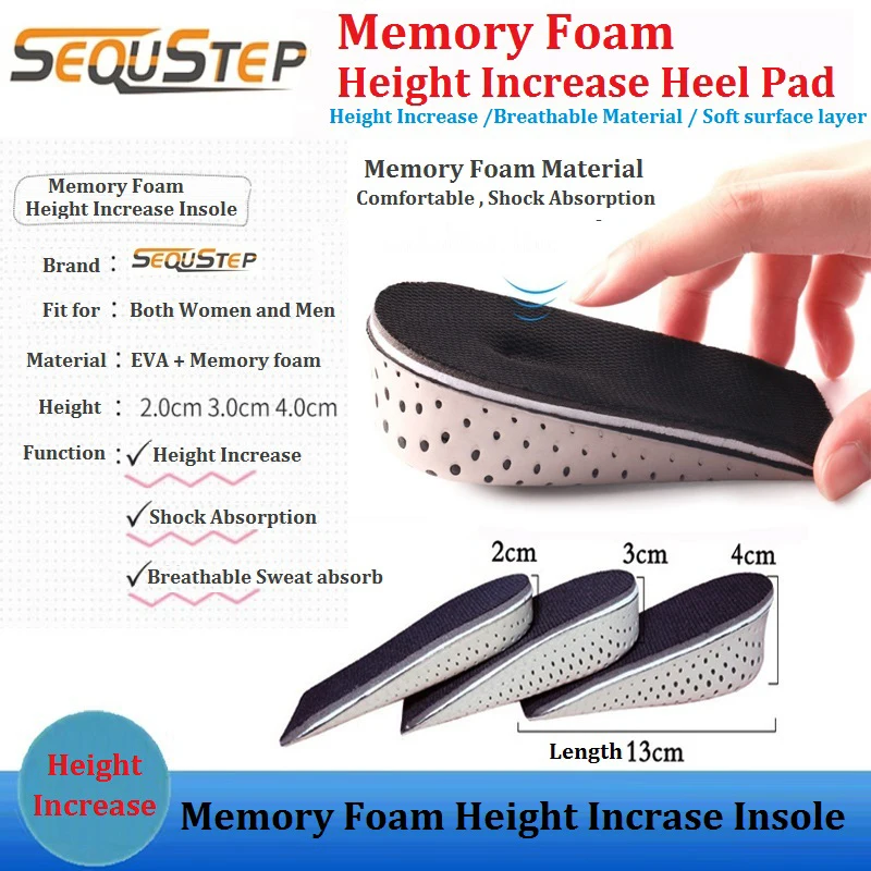 

Memory Foam Height Increase Heel Pad Heighten Insoles Insert Cushion Breathabe Soft Taller Insole Shock Absorption Sweat Absorb