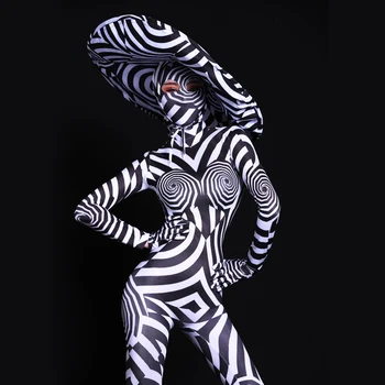 

Europe Female Party Stage Show Black White Striped Zebra Jumpsuit Performance Outfits Sexy Ladies Bar Nightclub Rompers Costume