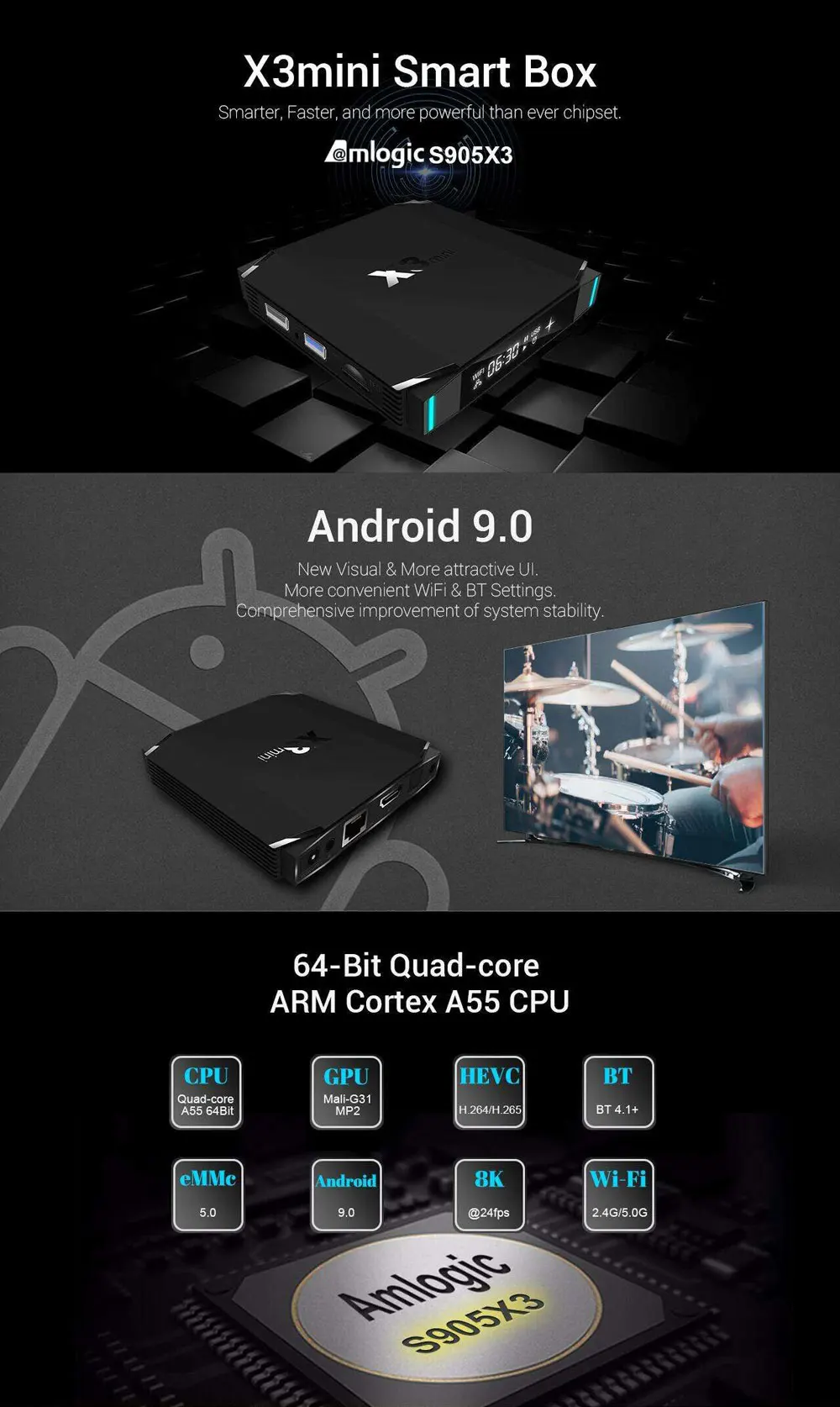 X3mini ТВ приставка Android Amlogic S905X3 9,0 4K 8K 4GB ram 64GB rom 5G wifi bluetooth 4,1 VP9 H.265 медиаплеер с пультом дистанционного управления