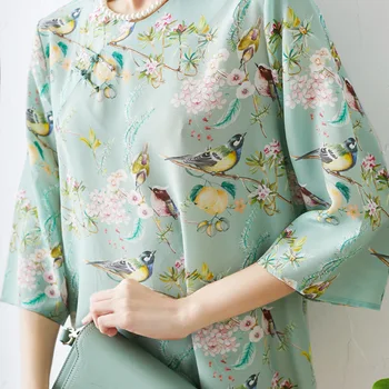 

New style top silk printed magpie printed silk cheongsam TOP SHIRT 3 4 sleeves
