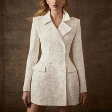 Blazer Dress Women Long Sleeve Runway Designer Fashion Lace Elegant Office Ladies White Dress Suit Jacket Coat Formal Work Wear