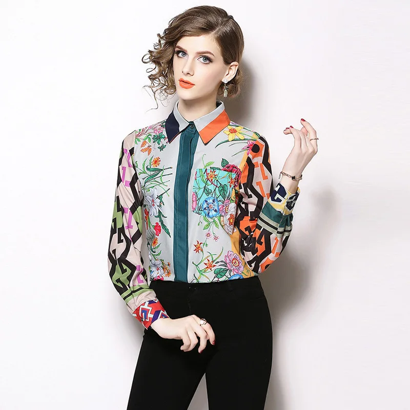 

[EWQ] 2019 Spring New Pattern Turn Down Collar Long Sleeve Print Hit Colors Print Single Breasted Bohemian Shirt Women AE93209XL