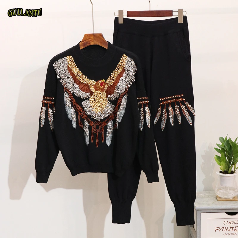 

Knitted Sweater Two Piece Set 2019 Autumn Winter Jumper Tops And Long Pants Sportsuit Women Long Sleeve Beading Outfits