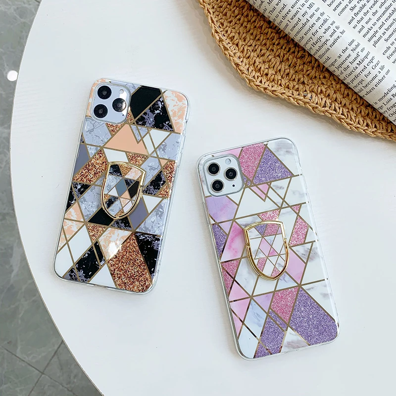 

Ins Ring Holder Phone Case for iPhone 11 Pro XS Max 6 7 8 Plus XR X Case Geometric Marble Electroplate Soft silicone Cover Funda