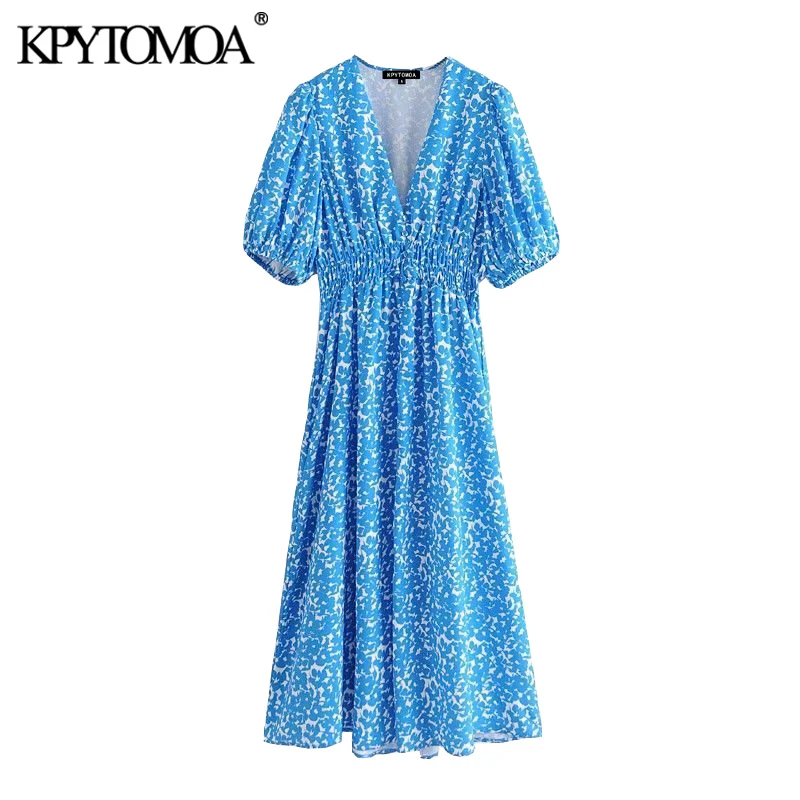 KPYTOMOA Women 2020 Chic Fashion Decorative Buttons Print Midi Dress Vintage Puff Sleeve Elastic Waist Slit Female Dresses Mujer KPYTOMOA Women 2020 Chic Fashion Decorative Buttons Print Midi Dress Vintage Puff Sleeve Elastic Waist Slit Female Dresses Mujer
