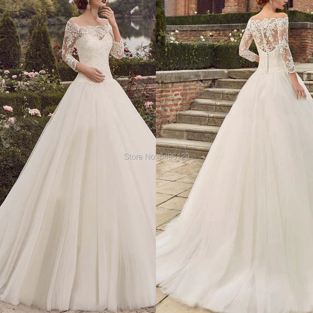 

Off the Shoulder Wedding Dresses A Line 2020 Long Sleeves Lace Appliques Bridal Wedding Gown Vestido De Noiva Buttons Back