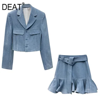 

DEAT 2020 fashion women clothing notched single breasted blue blazer and high waist A-line short skirt set waist belt WL59605L