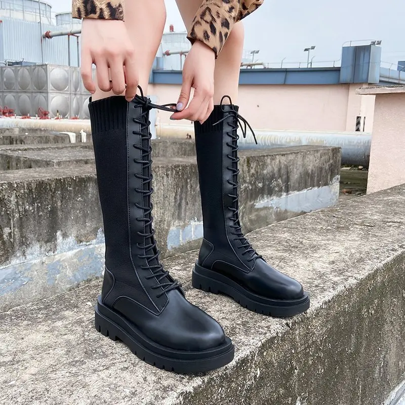 

Lace Up Platform Long Boots Woman PU Patchwork Motorcycle Botas Mujer Dropshipping New Women Knit Elastic Cloth Knee High Boots