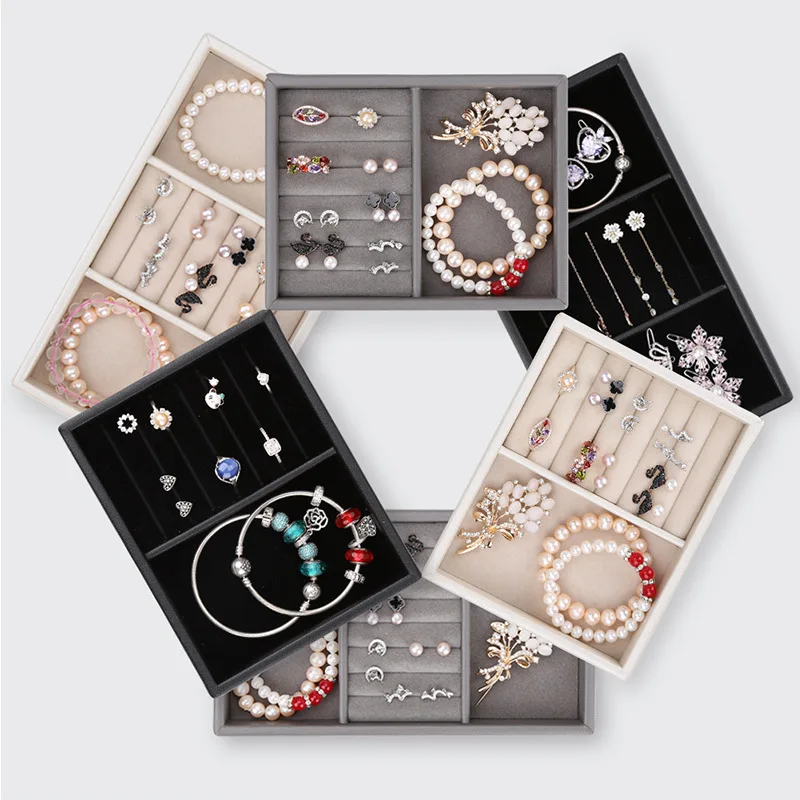 

Two Grid Jewelry Storage Box Waterproof Leather Desktop Bracelet Ring Earrings Ornaments Display Tray Ladies Birthday Gifts