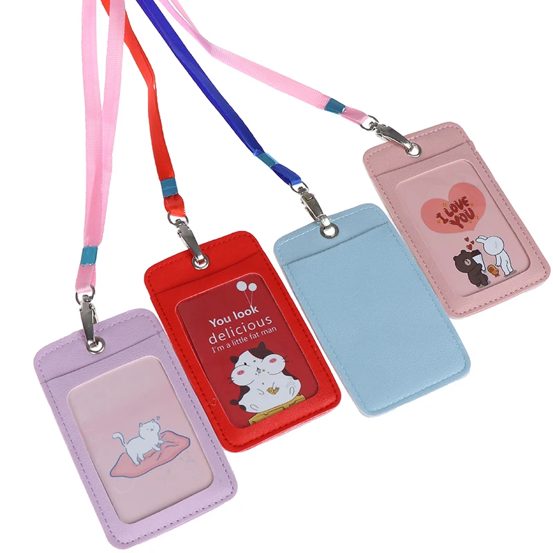 Cards Cover Pu Leather ID Credit Bank Card Holder Students Bus Card Case Lanyard Male Visit Door Identity Badge