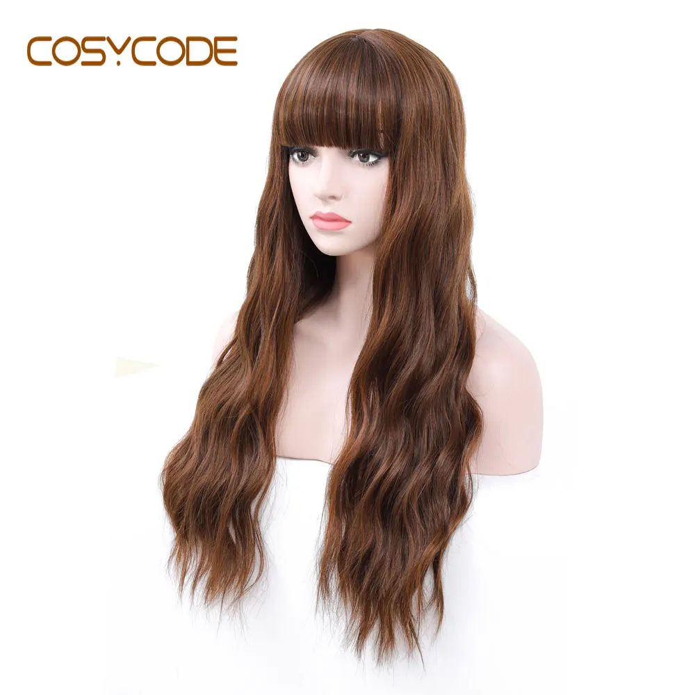 COSYCODE коричневый парик с челкой длинные волнистые вьющиеся парик 26 дюймов Синтетические Косплей вечерние парики для женщин