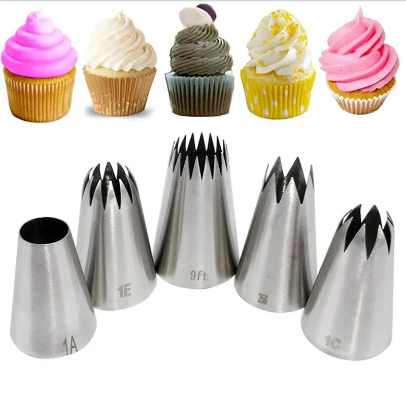 

5pcs Large Metal Cake Cream Decoration Tips Set Pastry Tools Stainless Steel Piping Icing Nozzle Cupcake Head Dessert Decorators