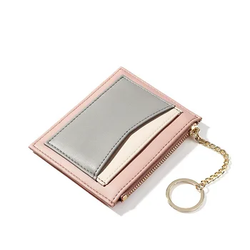 

Zipper Coin Purse Pocket Women Fashion Panelled Credit Card Holder Multifunction Pink Coin Wallet with Keychain Pu Leather