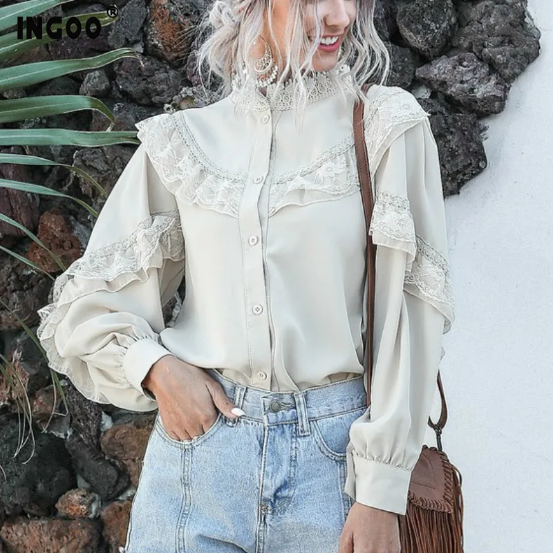 Женская шифоновая блузка с длинным рукавом кружевом|Блузки| |