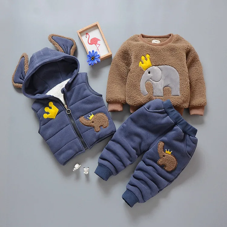 Winter Thicken Fleece Warm Kids Clothing 3 Piece Set Cartoon Elephant Patchwork Hooded Vest+Pullover+Pants Children Outfit 6M-4T - Цвет: Тёмно-синий