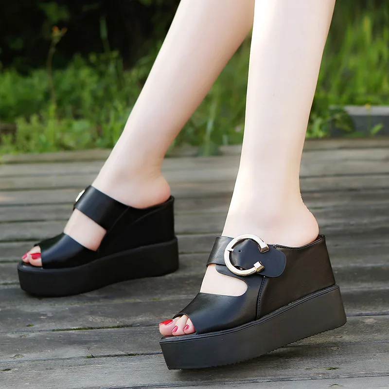 

Women's 2019 Summer New Style Europe And America Fashion Roman Style Slanted Heel Waterproof Platform Elevator-Fish Mouth High-H