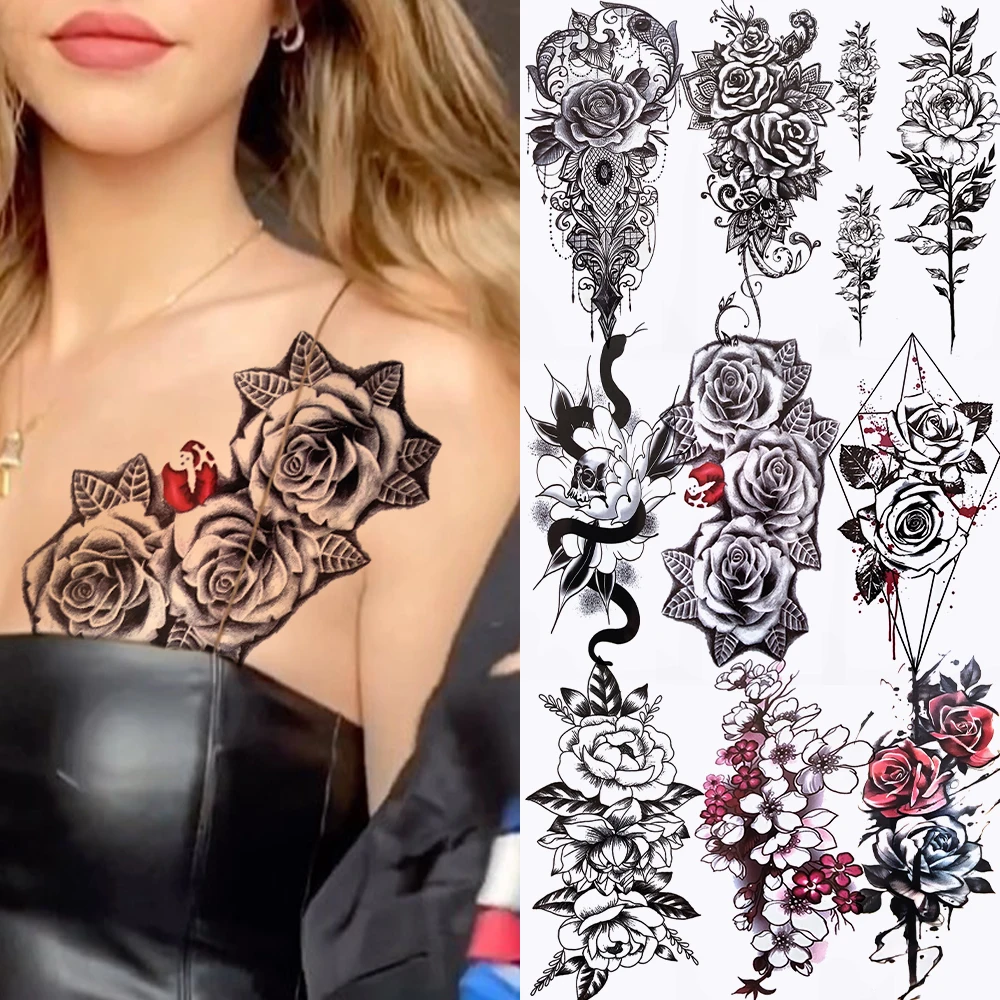 

Big Fake Flower Peony Tattoo Sticker Black Rose Jewelry Temporary Tattoo Geometric Snake Waterproof Tatoo For Women Girls