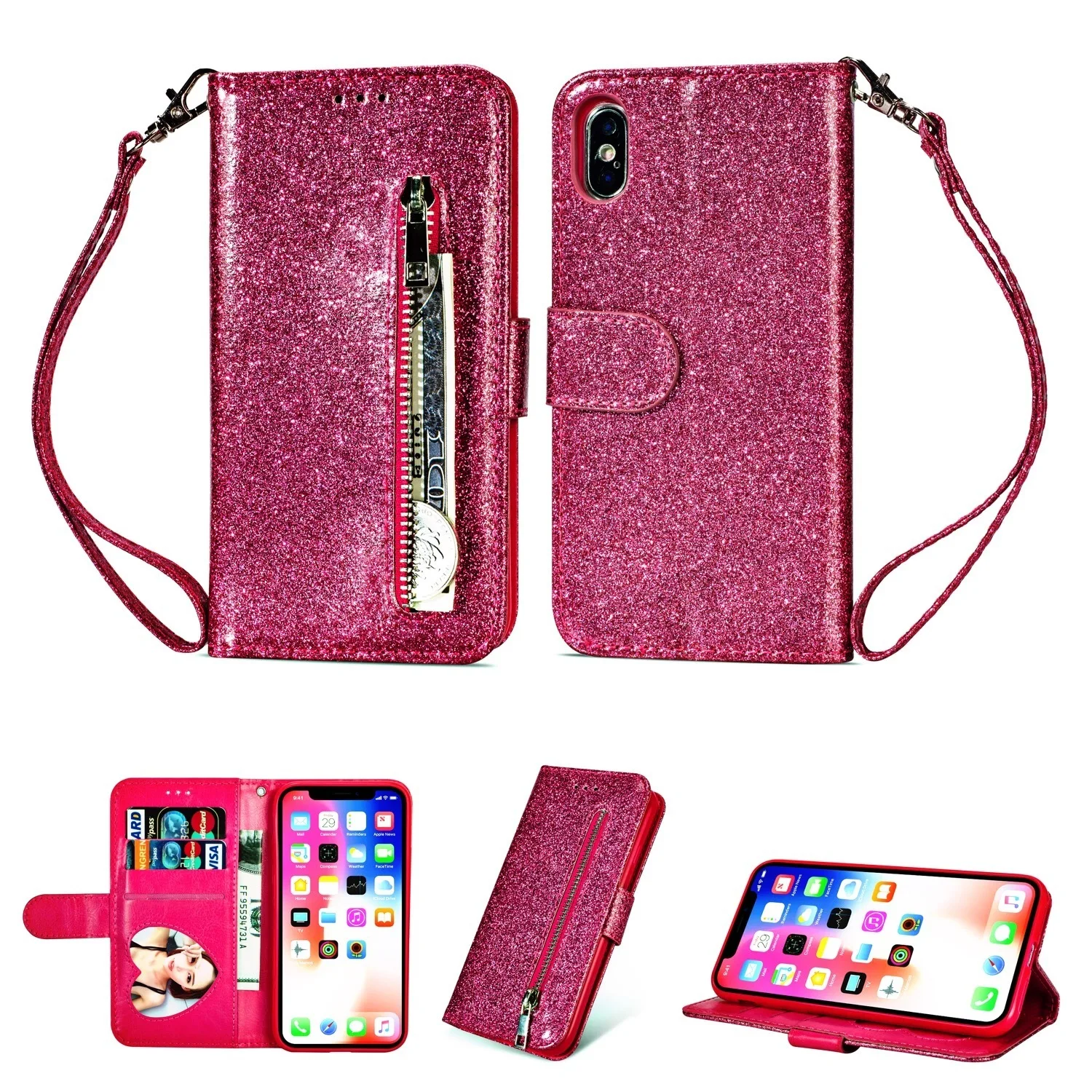  For iPhone 7 Case For iPhone 6 6s 7 8 Plus Flip Wallet Cases With Zip For iPhone XR XS Max Soft TPU PU Glitter Luxury Cover