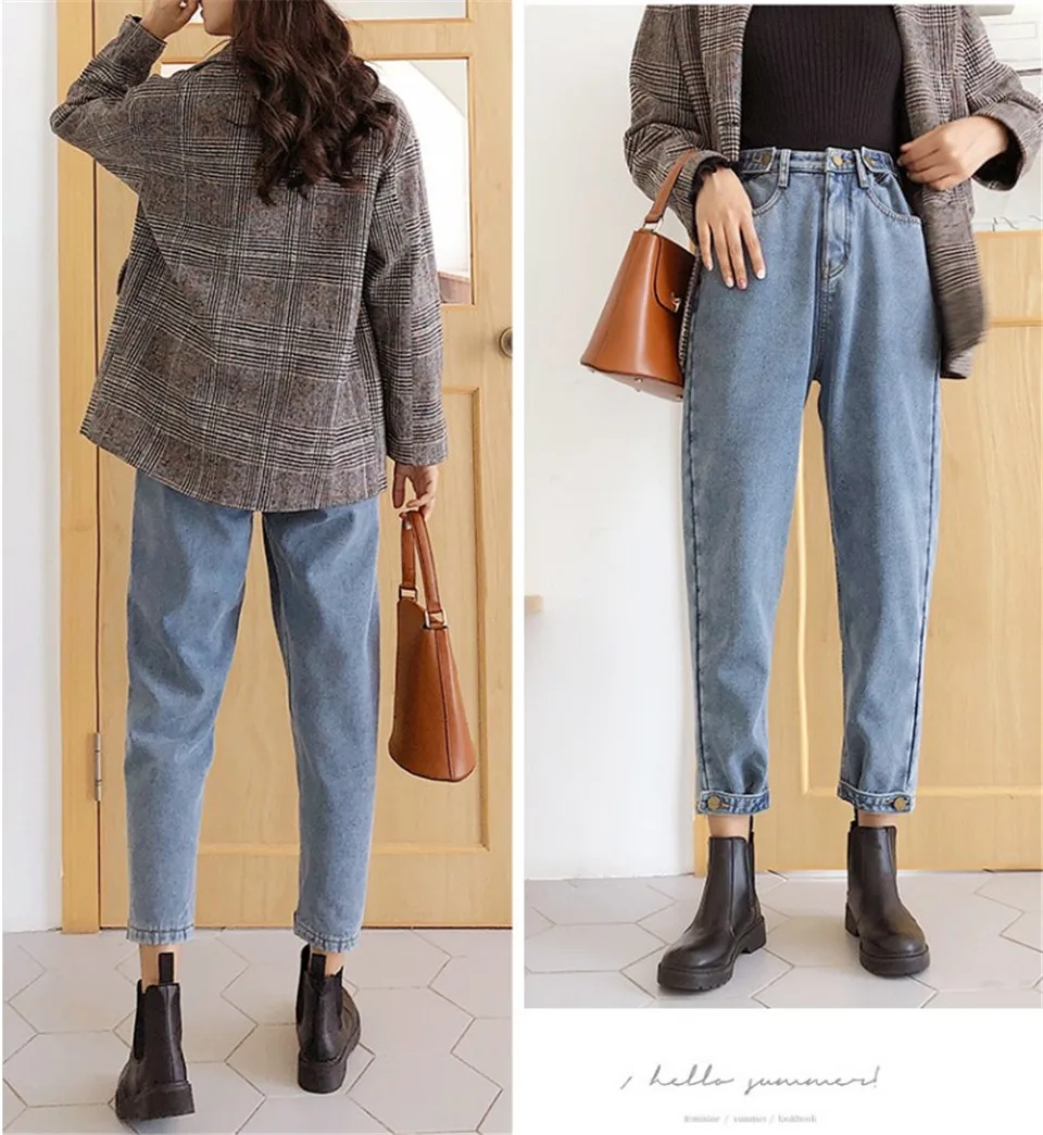 Джинсы женские с высокой осень талией штаны одежда широкие теплые ...