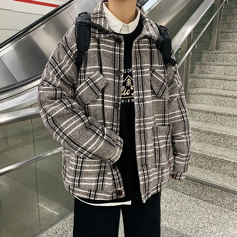 

Winter Plus Cotton Thick Woolen Coat Men's Warmth Fashion Retro Casual Plaid Woolen Coat Men Korean Short Woolen Coat Mens M-3XL