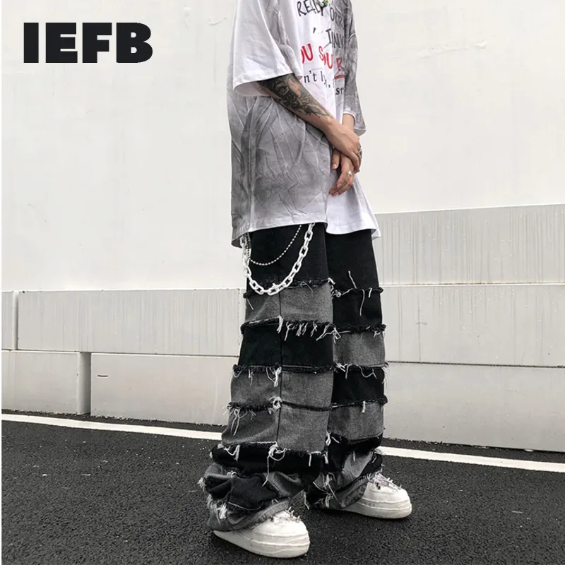 Jeans Trousers Pants Wide-Leg IEFB Loose Mens Fashion Straight Tassel Broken for Couples