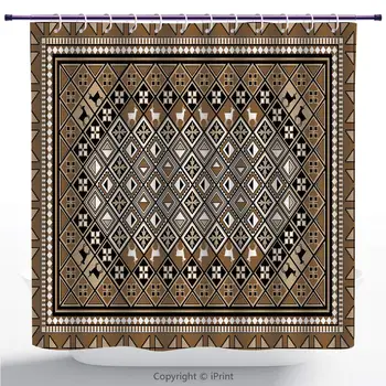 

Hotel Quality Shower Curtain/Turkish Pattern, Geometrical Eastern Frame with Diagonal Checks and Deer, Pale Brown White