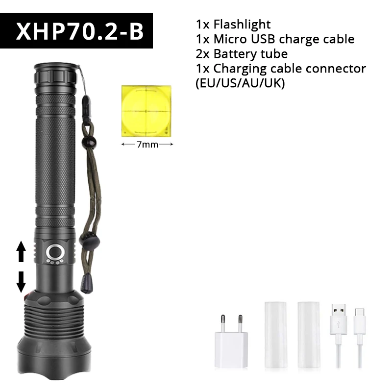 Мощный светодиодный фонарь XHP90, 3 режима освещения, перезаряжаемый через USB, водонепроницаемый, телескопический, супер яркий, охотничий, тактический фонарь - Испускаемый цвет: XHP70.2-B
