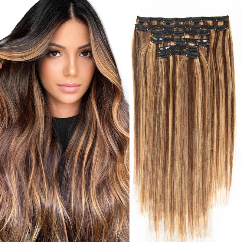 MRSHAIR Brown Balayage Natural Hair Extensions P4-27 Clip In Human Hair with 18 Clips 6PcsThick Ends MachineRemy 16 20 24 Inch