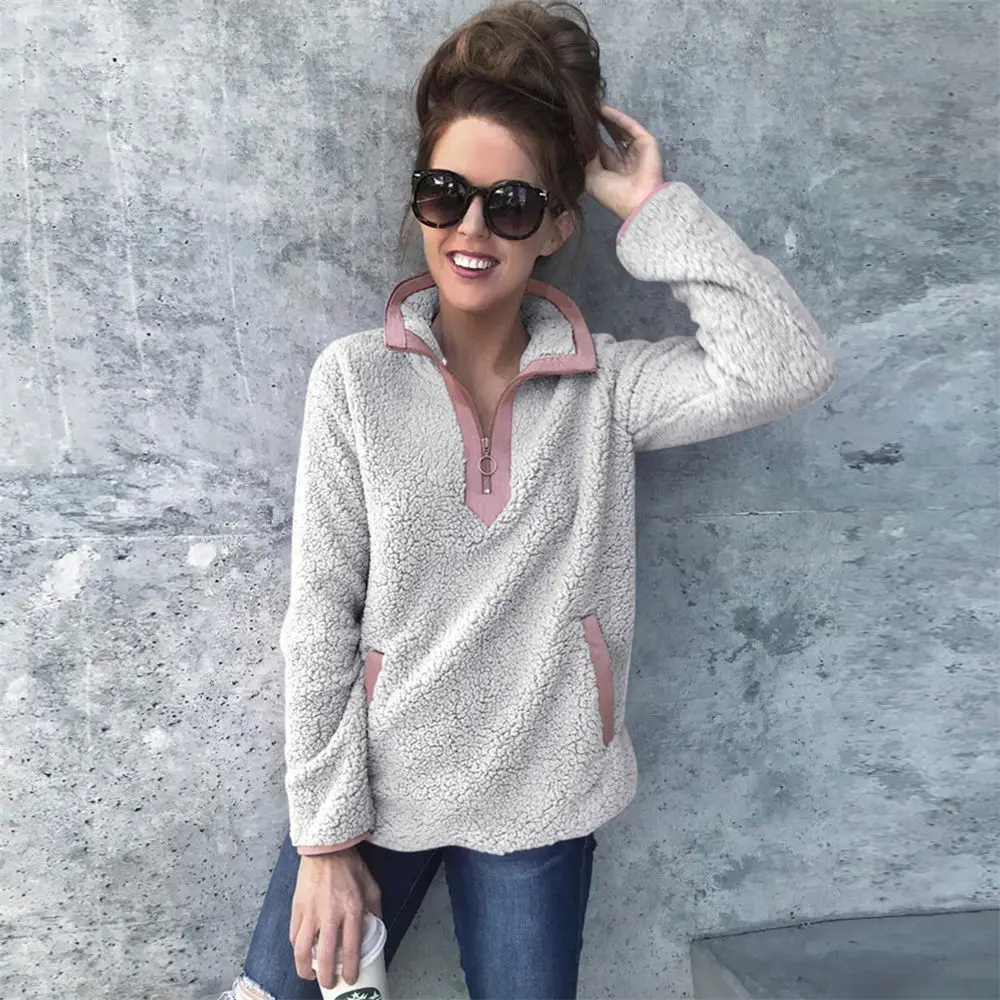 Women Winter Sherpa Sweater Teddy Fleece Zipper Turtleneck Pullover Tops Female Warm Coat Sweaters | Женская одежда