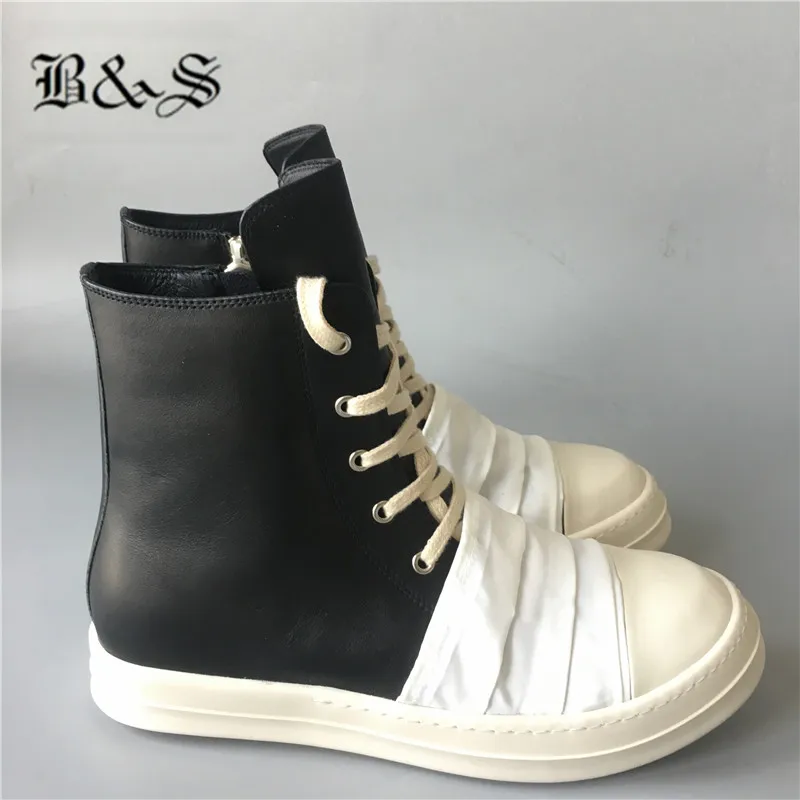 Черные и уличные 19 SS новые дизайнерские кожаные+ морщинистые парусиновые индивидуальная модель тренировочные кеды ботинки из натуральной кожи для отдыха