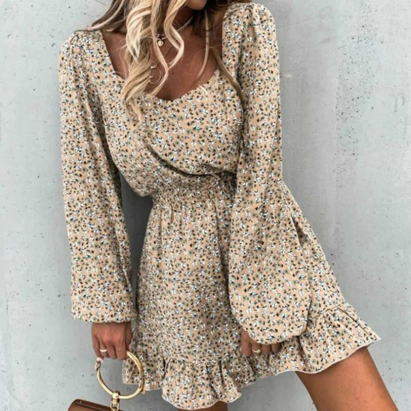 

2020 Autumn Long Sleeve Square Collar Floral Dress Women Casual Ruffle A Line Print Dress Slim Female Boho Mini Party Vestidos