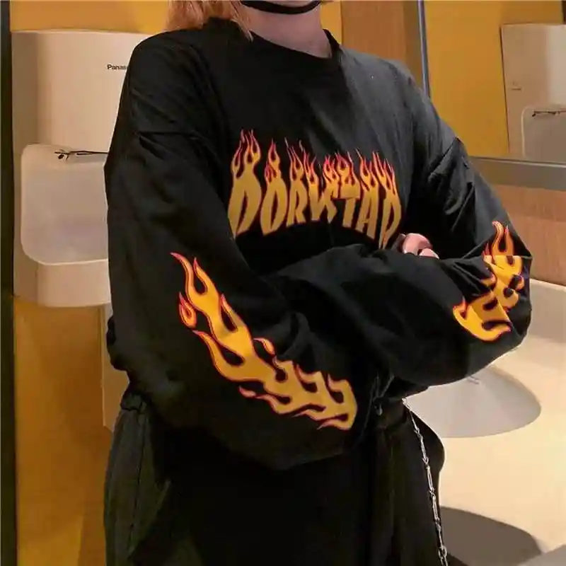 NiceMix Harajuku футболка с принтом пламени 2 шт. Лоскутная Повседневная футболка с длинными рукавами для женщин и мужчин Уличная одежда Топы - Цвет: black tee