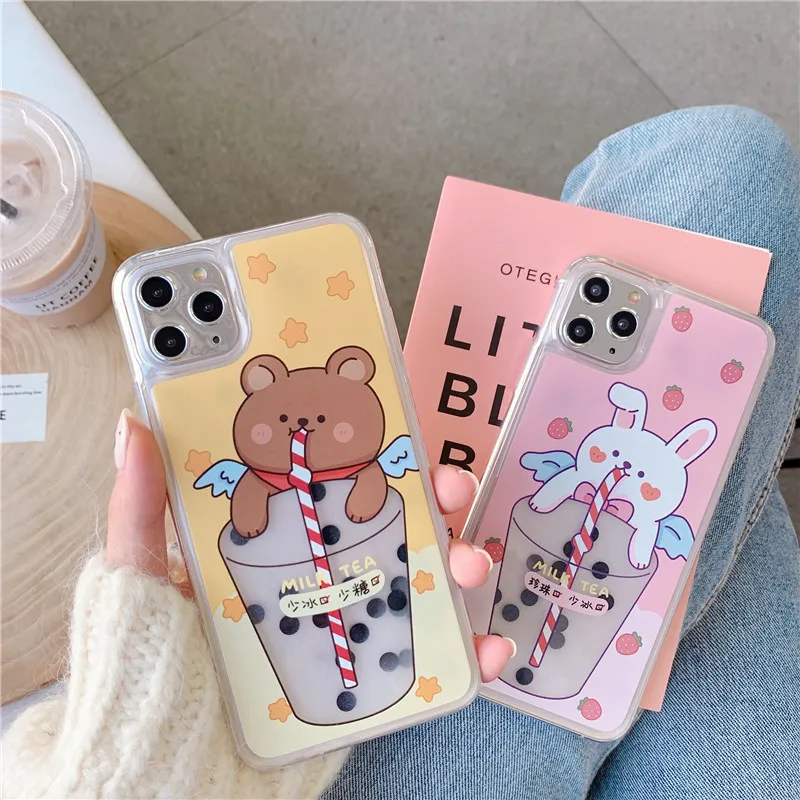 Чехол для iPhone 11 11Pro XS Max X XR 8 7 plus с милым медведем пузырчатым чаем зыбучим песком
