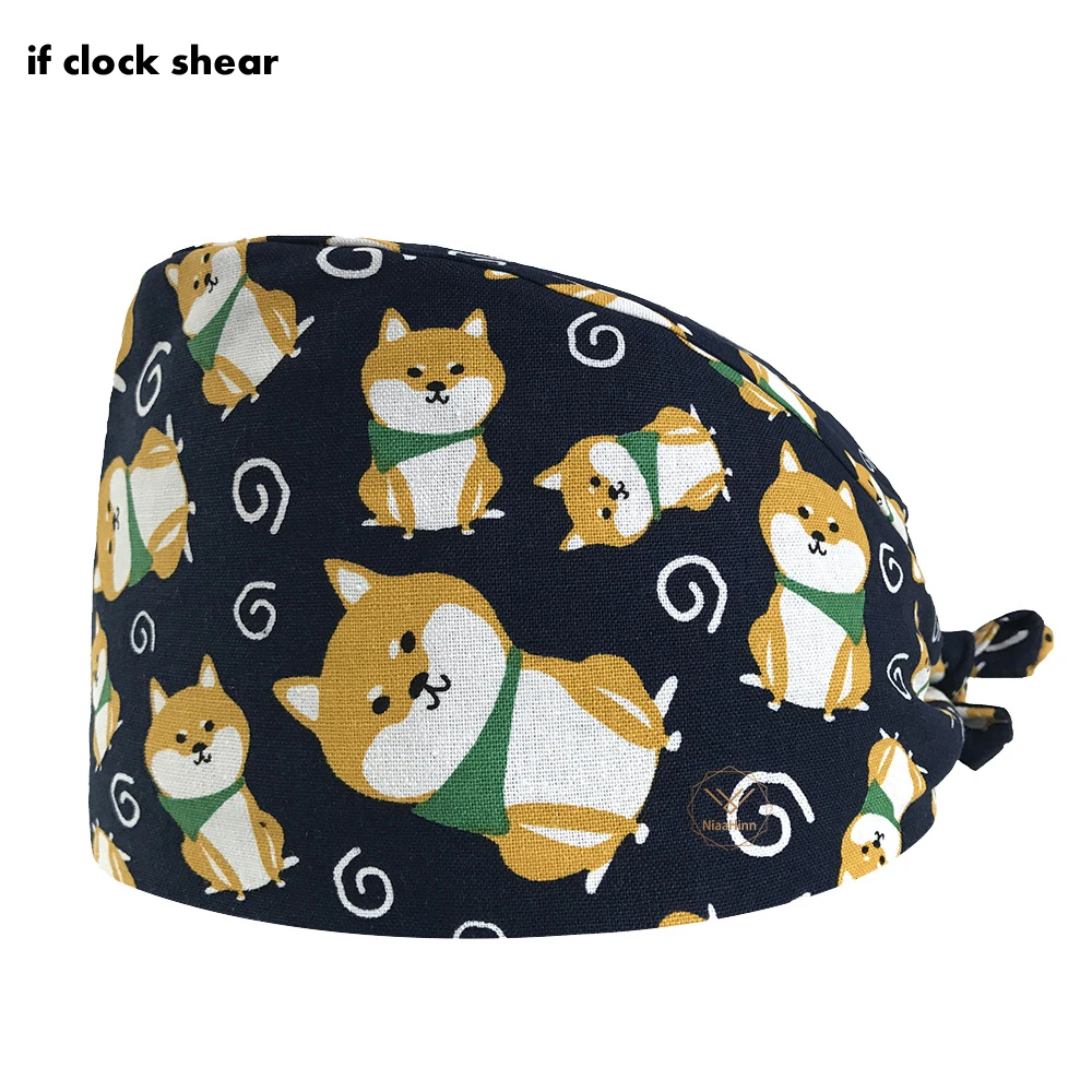 

Casual Unisex Scrubs Cap Fashion Cartoon Puppy Print Work Frosted Hat Pet Grooming Agency Work Hat Spa Caps Dustproof Soft New