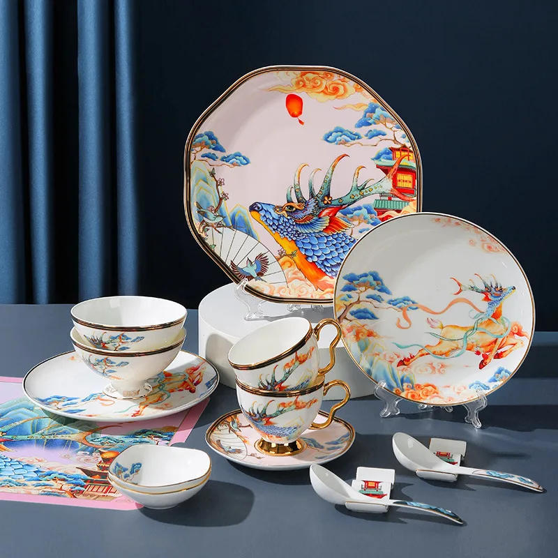 

Auspicious deer bowl and dish set, high grade bone china tableware combination, creative Chinese bowl and dish gift box