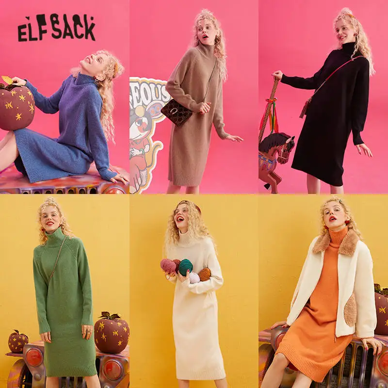 ELFSACK, разноцветное, одноцветное, минималистичный стиль, вязаное платье для женщин,, зимнее, корейское, ТРАПЕЦИЕВИДНОЕ, чистое, с длинным рукавом, свободное, женское, Повседневное платье