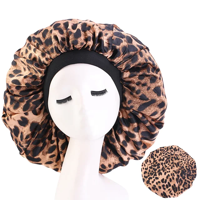 New Women Big Size Beauty print Satin Silky Bonnet Sleep Night Cap Head Cover Bonnet Hat for For Curly Springy Hair Black 408B  Leopard