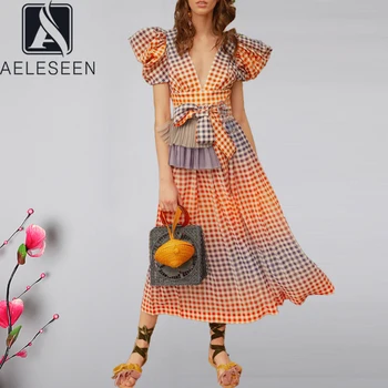 

AELESEEN Runway Fashion Plaid Dress 2020 Spring Summer Puff Sleeve Ruffles Lacing Up V-Neck Long Elegant Pleated Party Dress
