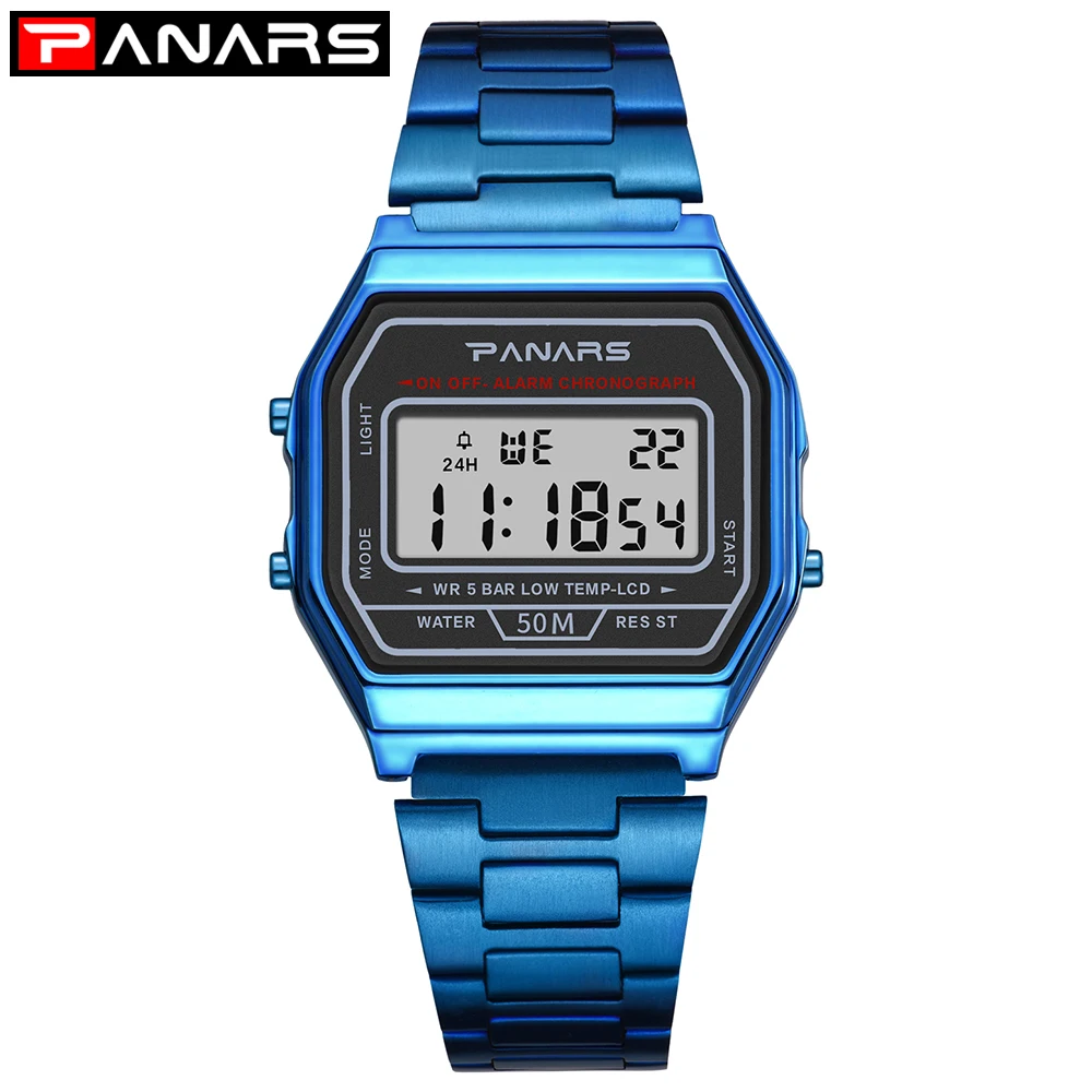 PANARS популярные мужские цифровые спортивные часы Мужские Женские часы из нержавеющей стали военные водонепроницаемые наручные часы Роскошные электронные часы - Цвет: Blue