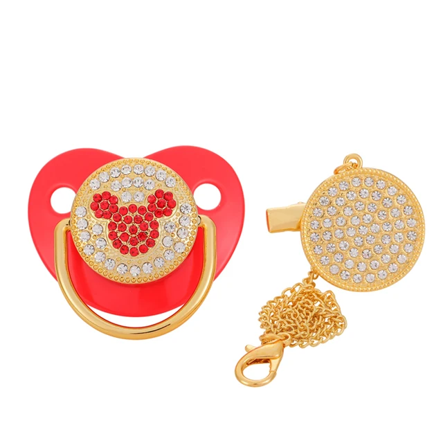 BLINGONLY Luxury Rhinestone Chupete Pink Bling Baby Pacifier With Clip Red 0-6 M