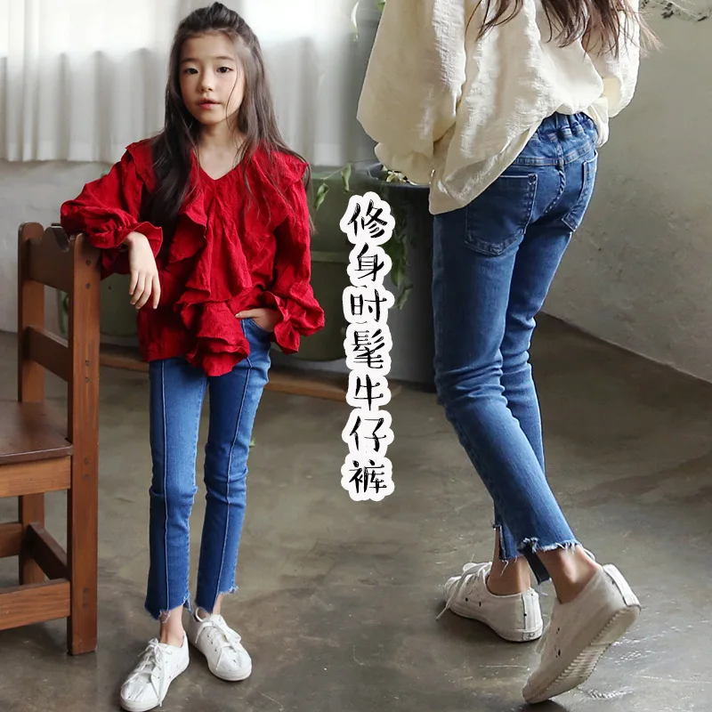 

Girls Slim Fit Jeans Ins2019 Spring New Style Middle And Large Children Fashionable Cool Capri Pants Pencil Pants